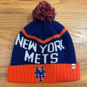 MLB New York Mets ('47 Brand) Bering Cuff Knit Beanie Hat with Pom Pom